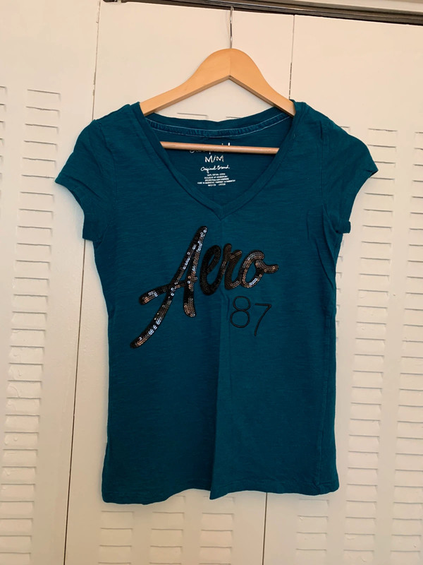 Aeropostale Glitter Sequin Aero V Neck Cotton T Shirt, Deep Aqua Blue, Size M 1