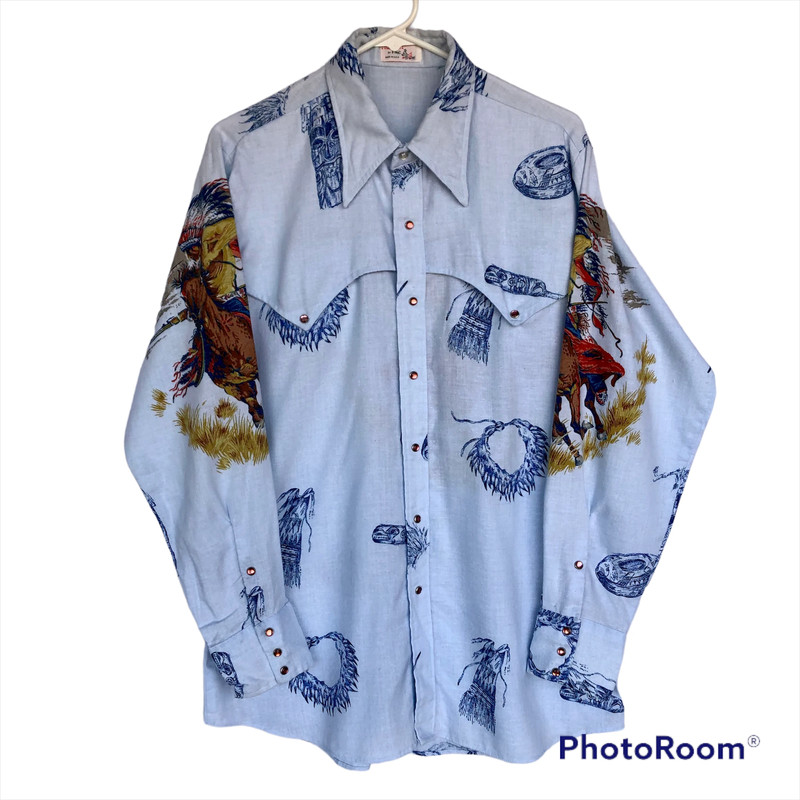 Vtg Roper by PMC Indian Warbonnet Blue Western Shirt Butterfly Collar Jewel Snap 3