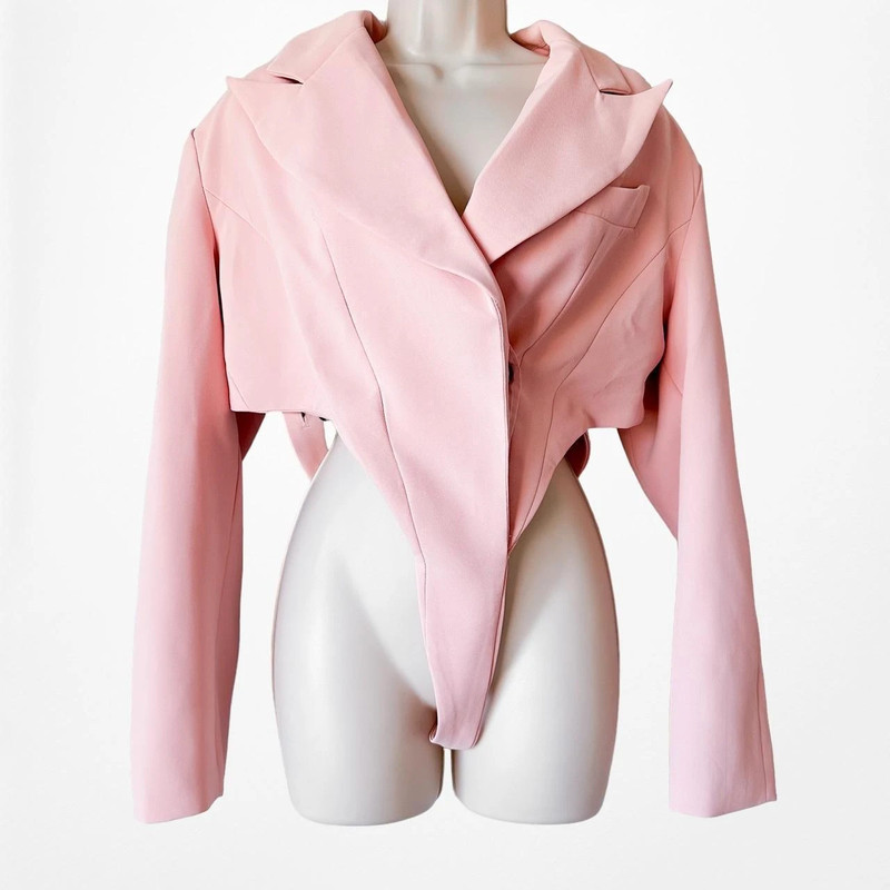 Pastel Pink Padded Shoulder Oversized Bodysuit Cropped Blazer Size L 4