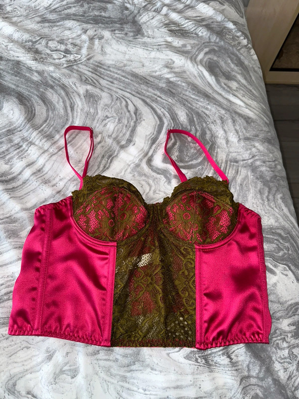 Hot pink lace khaki detail corset bralette