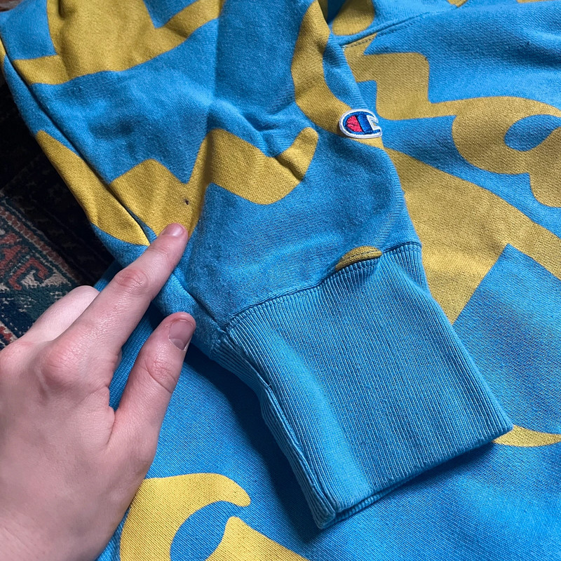 Champion Reverse Weave Hoodie in Blue/Yellow All Over Logo Print 5