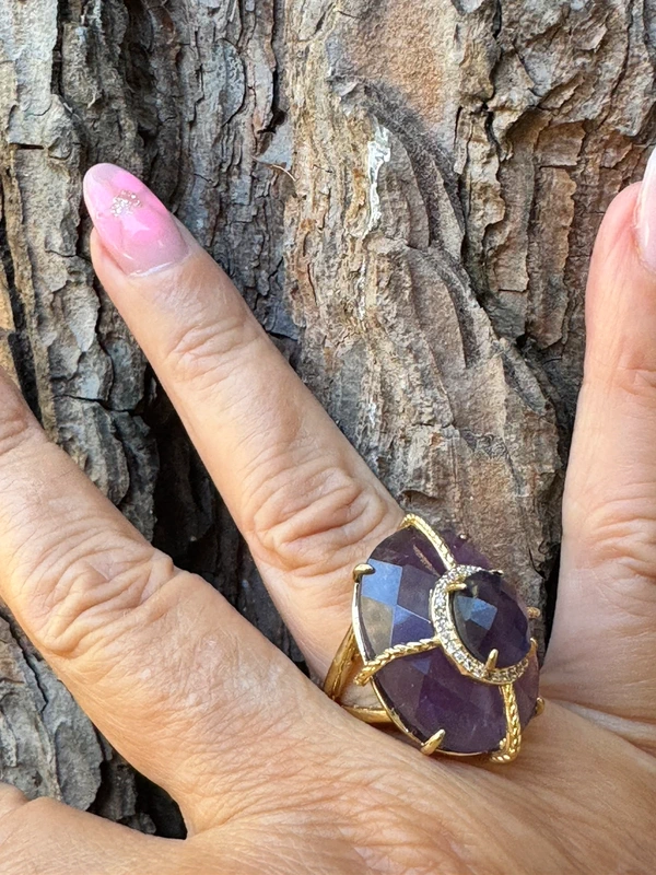 Grosse bague habaha Paris tout en améthyste série de zircons acier inoxydable or - photo numéro 4