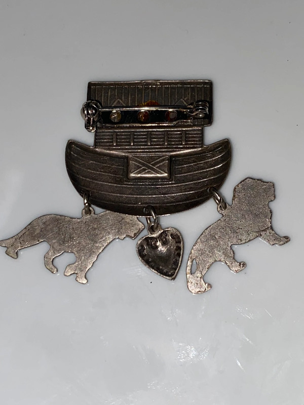 Vintage silvertone metal Noah’s ark brooch hanging animal lion heart  charm 5