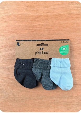 3 paires de chaussettes bébé / bleu / coton bio / 0-6 mois / p'tichou, marke: p'tichou, zustand: Neu, mit Etikett, größe: 1-3 Monate / 56, 4,00 €, 4,90 € beinhaltet Vinted-Käuferschutz Pro