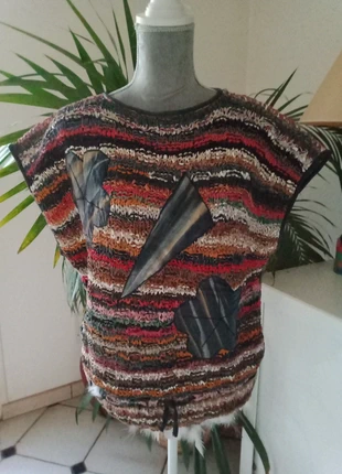 Très joli pull artisanal pièces imitation cuir, estado: Muy bueno, tamaño: XXL / 44 / 16, 8,00 €, 9,10 € Protección al comprador incluida