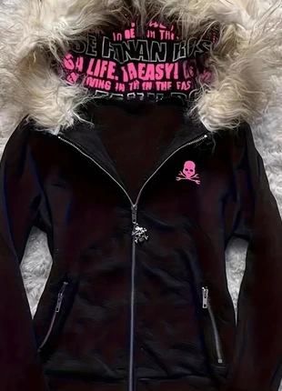 Black velour/fleece jacket with pink details, condizioni: Ottime, taglia: M / IT 42 / EU 38, €45.00, €47.95 include la Protezione acquisti