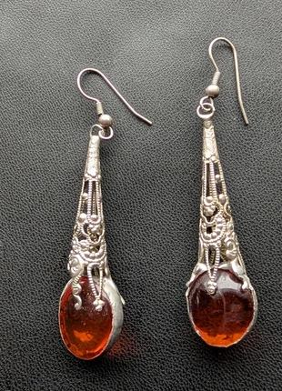 Silver metal and amber coloured stone drop earrings, brand: Unbranded, condition: Very good, £7.00, £8.05 includes Buyer Protection