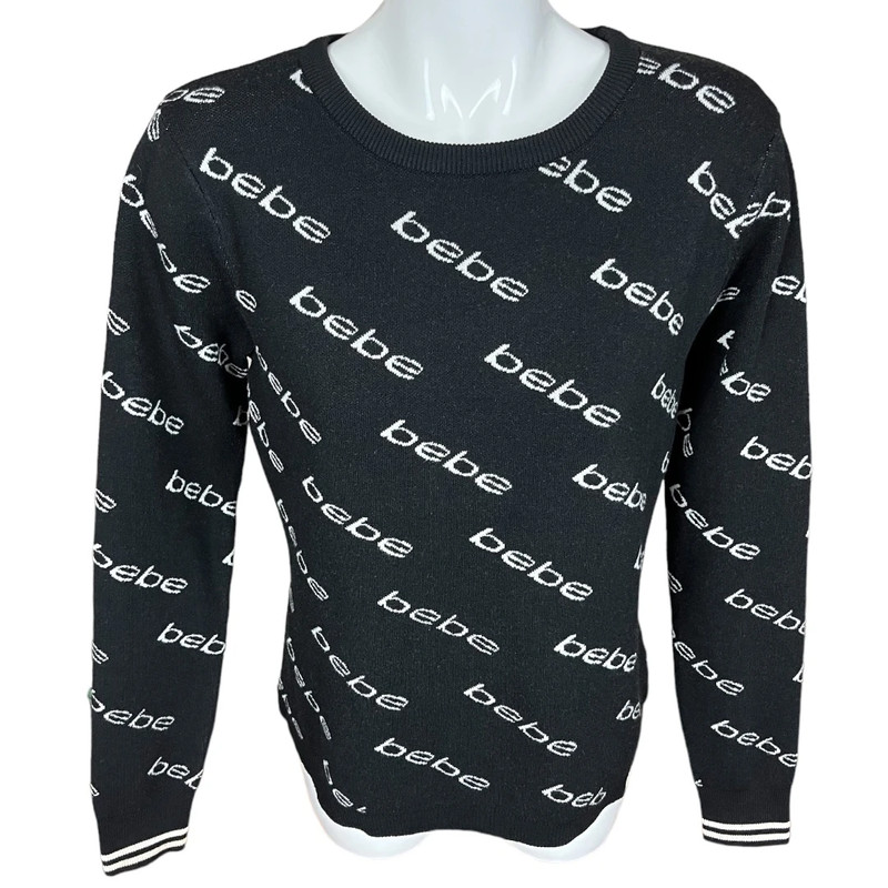 Bebe Black and White All Over Logo Print Crew Neck Fitted Sweater Size XL 2