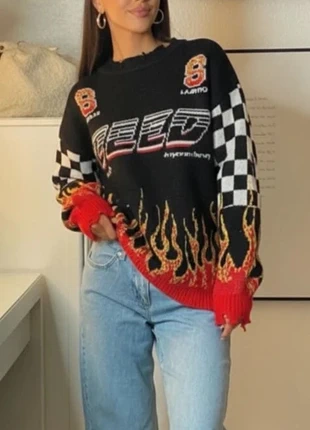 Pull racing noir à flammes, motif damier et coupe loose stylée taille M, brand: shawly, condizioni: Ottime, taglia: M / IT 42 / EU 38, €54.90, €58.35 include la Protezione acquisti Pro