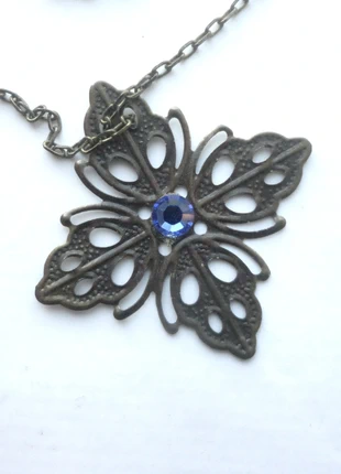 collier estampe carré ancienne, cabochon cristal Swarovski, bijoux de créateur, laiton, filigrane, marca: Fantaisie, estado: Muito bom, €9.00, €10.15 inclui Proteção do Comprador