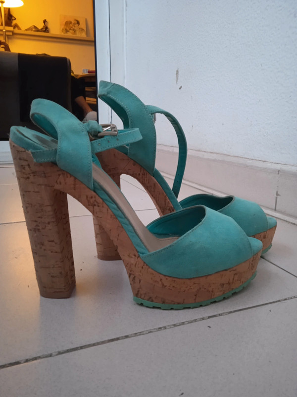 Zapatos tacón efecto corcho con tela de verde azulado o azul verdoso - Vinted
