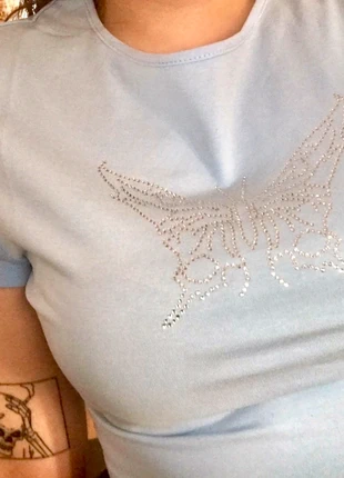 Crop top bleu motif papillon strass, brand: Shein, condition: Very good, size: L / 40 / 12, €2.50, €3.33 includes Buyer Protection