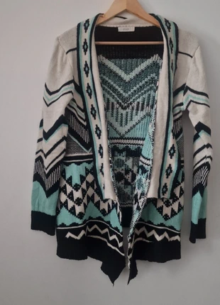 Gilet long F&P à motifs géométriques turquoise, noir et blanc – style ethnique – 100 % acrylique, marca: F&P, estado: Muy bueno, tamaño: M / 38 / 10, 4,00 €, 4,90 € Protección al comprador incluida