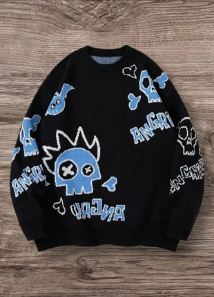 Pull Vintage Noir Bleu Skeleton Head Taille M - Grunge 90s Y2K Knit Streetwear Retro Oversize, merk: y2k, staat: Heel goed, maat: M, € 58,99, € 62,64 inclusief Kopersbescherming Pro