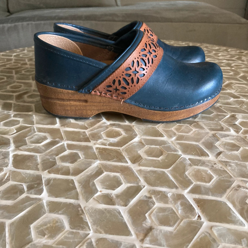 Dansko Pavan full-grain leather Laser cut clogs in navy/brown 1