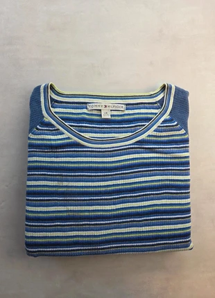 Pull Tommy Hilfiger à rayures bleu, vert et blanc – col rond – femme – taille L/G, brand: Tommy Hilfiger, condition: Good, size: L / 40 / 12, €16.00, €17.50 includes Buyer Protection