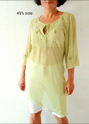 Estivale Blouse asymétrique col fendu noué mousseline soie pistache L, merk: Vintage Dressing, staat: Heel goed, maat: L / 40 / 12, € 5,00, € 5,95 inclusief Kopersbescherming