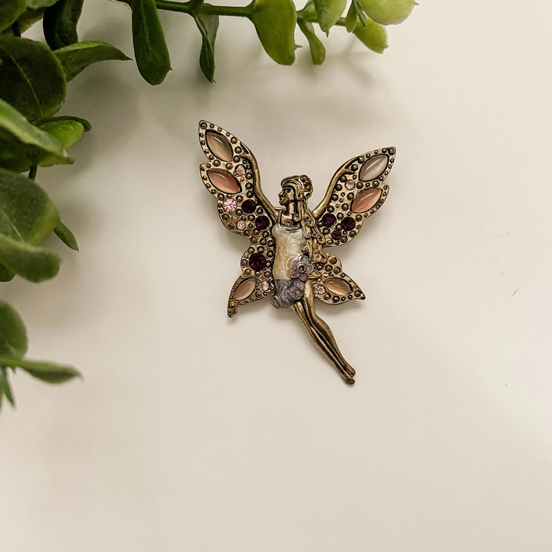 Vintage gold pink purple whimsical garden fairy pin 1
