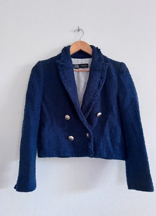 Zara 🌸 Blazer tweed bleu marine crop / court, merk: Zara, staat: Goed, maat: S / 36 / 8, € 10,00, € 11,20 inclusief Kopersbescherming