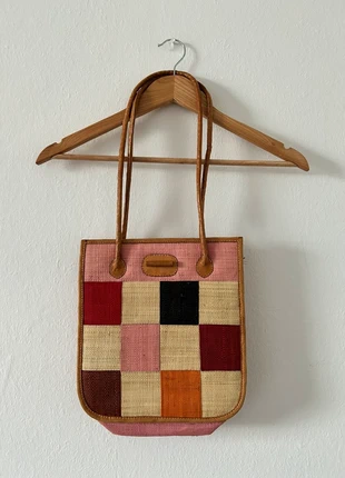 Sac vintage bohème en raphia – anses cuir camel, merk: Vintage Boutique, staat: Goed, € 11,50, € 12,78 inclusief Kopersbescherming