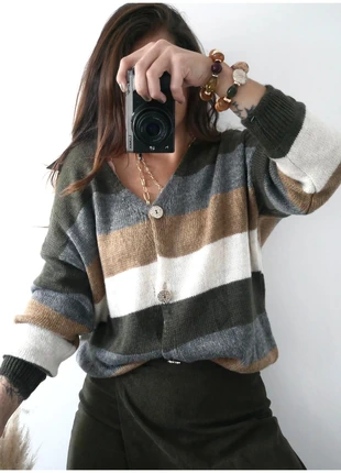 Gilet à rayures kaki camel gris – maille douce – style bohème chic – taille unique 36 à 42, marque: Boutique indépendante, état: Très bon état, taille: Taille unique, 24,99 €, 26,94 € Protection acheteurs (Pro) incluse