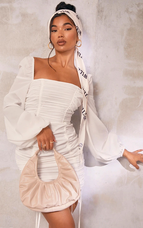 White Chiffon Double Ruched Bodycon Dress PLT size 6 Vinted