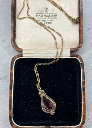 Antique Style Edwardian Amethyst Glass Teardrop Pendant Necklace Gold Tone, brand: antique style necklace, condition: Good, £12.00, £13.30 includes Buyer Protection