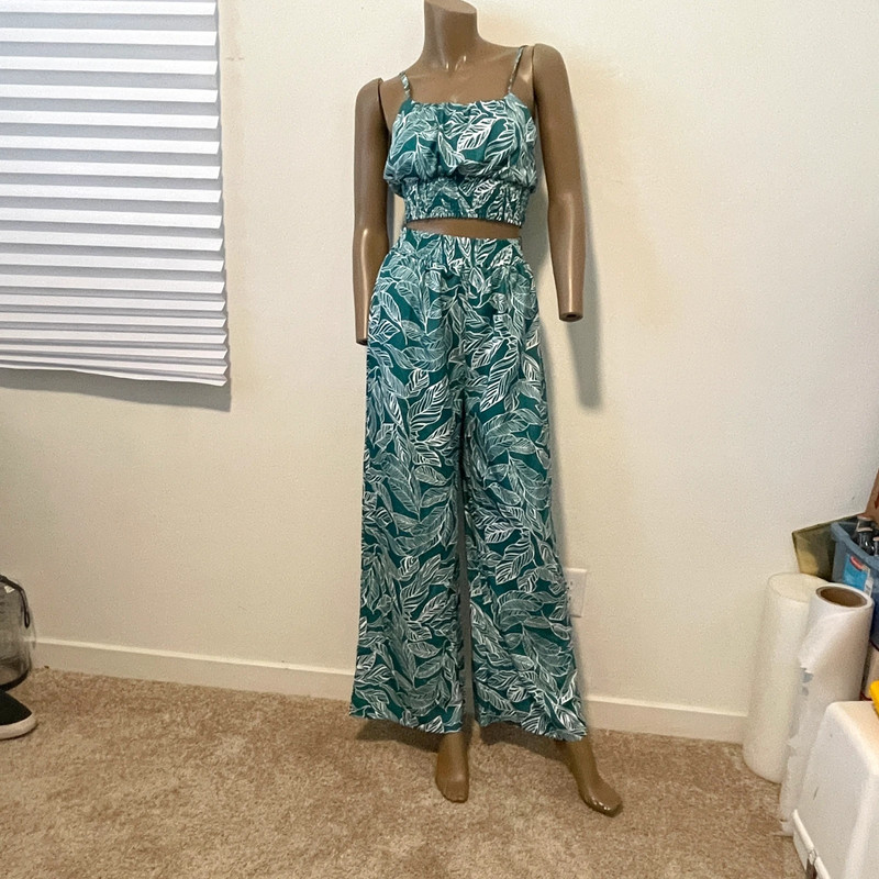 Mooncolour leaf print wide leg pant crop top matching set small P2 8024 1