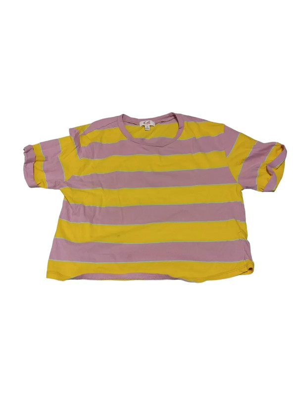 Cali Baby Short Sleeve T Shirt Ribbed Stripped T Shirt Crop Top Pink, Yellow Med 1