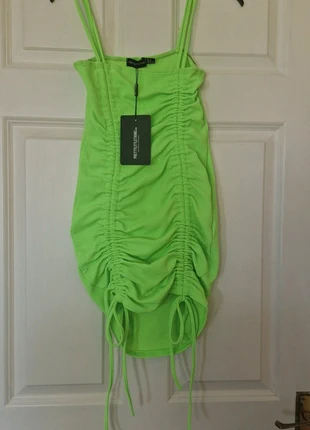 PrettyLittleThing Neon Green Ruched Mini Dress - UK 8 / EUR 36 - New With Tags, brand: PrettyLittleThing, condition: New with tags, size: S / 36 / 8, €10.00, €11.20 includes Buyer Protection