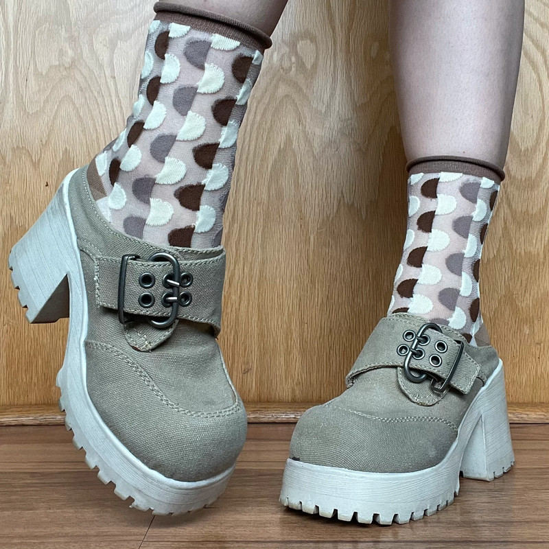L.E.I. Vintage Y2K Tan Beige Fabric Chunky Platform Buckle Heeled Mule Shoes 1