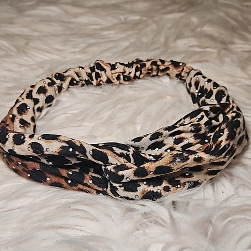 Leopard Print Rhinestone Top Knot Headband 1