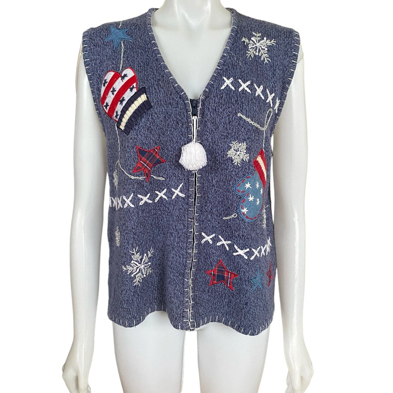 Bobbie Brooks ladies large winter embroidered zip up stretchy sweater vest 1