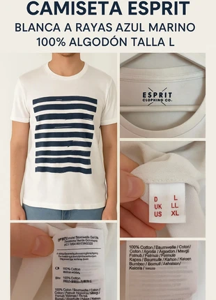 Camiseta Esprit blanca a rayas azul marino 100% algodón Talla L💙, marque: Esprit, état: Très bon état, taille: L, 8,50 €, 9,63 € Protection acheteurs incluse