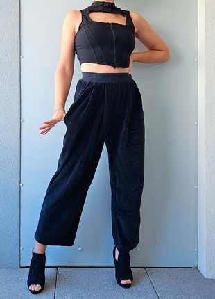 Pantalon fluide large palazzo taille haute velours ras noir coton Morgan Vintage S, marque: Morgan, état: Très bon état, taille: S / 36 / 8, 6,00 €, 7,00 € Protection acheteurs incluse