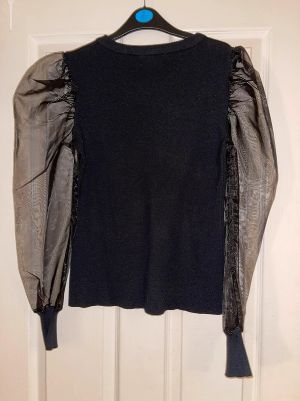 New Quiz Black Ribbed Knitted Organza Puff Sleeve Jumper Size S