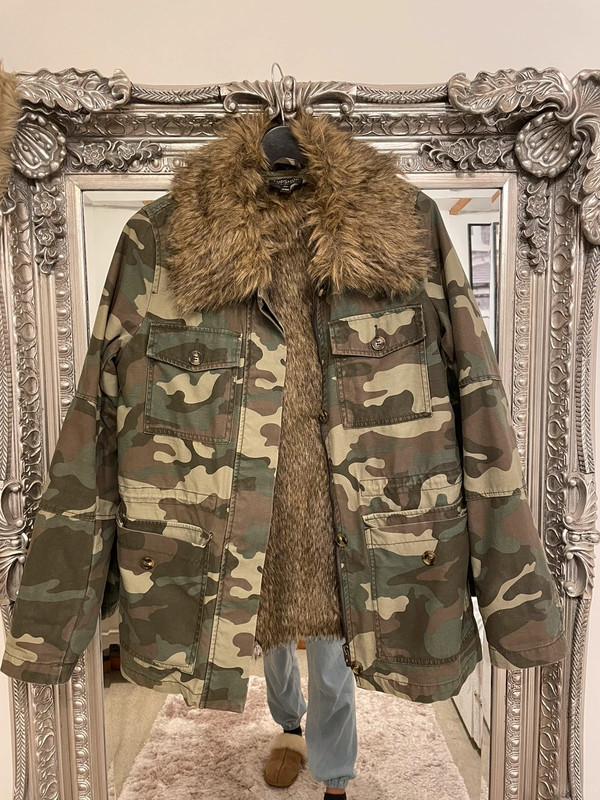 Topshop faux fur lined camo print coat