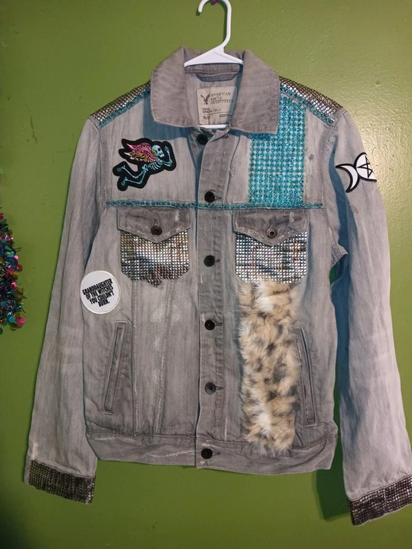 Witchy Vibes Grey Denim Jacket with Patches & Studs / Ladies Size Medium 1