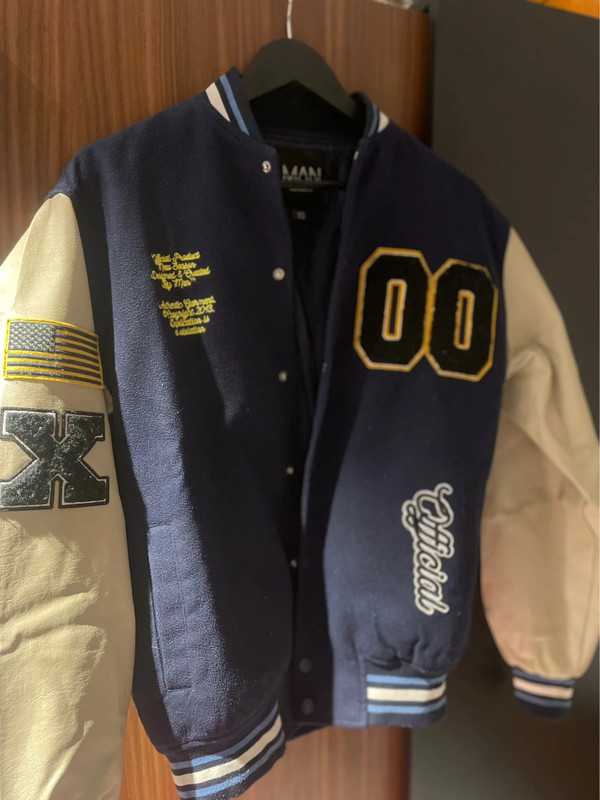 navy/beige BooHoo varsity jacket 1