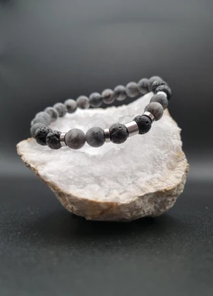 Bracelelet pierres naturelles - Larvikite & pierre de lave, marca: Fait Main, estado: Novo com etiquetas, €12.00, €13.30 inclui Proteção do Comprador