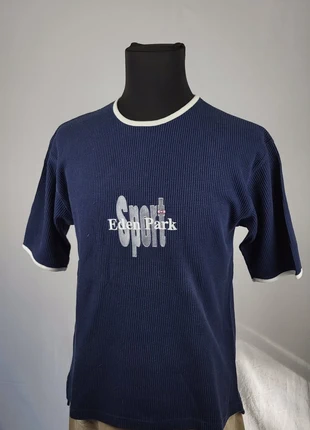 T-shirt Eden Park Sport bleu marine vintage 90s coton texturé liseré blanc logo brodé M rétro chic, brand: Eden Park, condition: Very good, size: M, €19.00, €20.65 includes Buyer Protection Pro