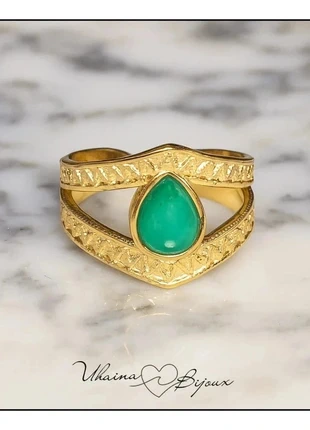 Bague en acier doré et goutte verte, brand: Uhaina Bijoux, condition: New with tags, size: Adjustable, €10.00, €11.20 includes Buyer Protection Pro