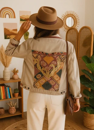 Veste en jean beige customisée taille 40 bohème fleurie upcycling, marke: Vintage Dressing, zustand: Sehr gut, größe: L / 40 / 12, 79,95 €, 84,65 € beinhaltet Vinted-Käuferschutz Pro