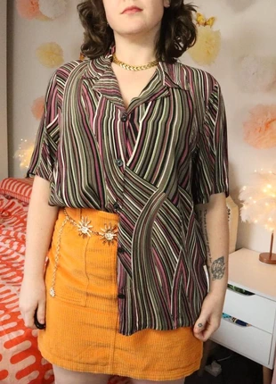 Retro 80s 90s brown pink psychedelic wavey waves wave pattern printed v shirt top, brand: Vintage, condition: Satisfactory, size: 4XL / 20, £7.00, £8.05 includes Buyer Protection