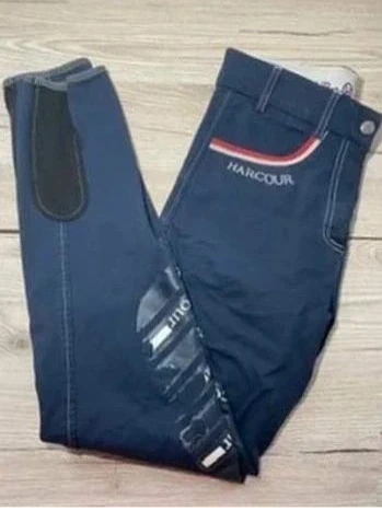 Pantalon d’Équitation Harcour Taille 34, Bleu Marine, Poches Rouge/Blanc, Gros Grip, Logo Brodé