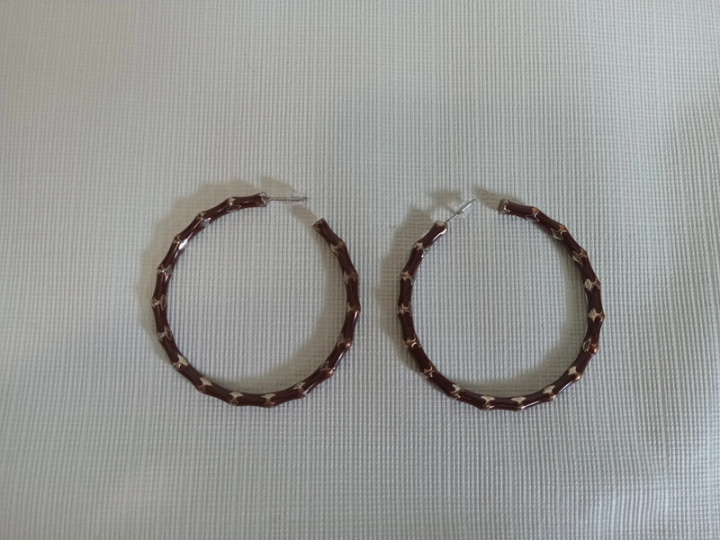 Dark Brown Enamel & Silver Toned Bamboo Style Thin Metal Hoop Fashion Earrings 3