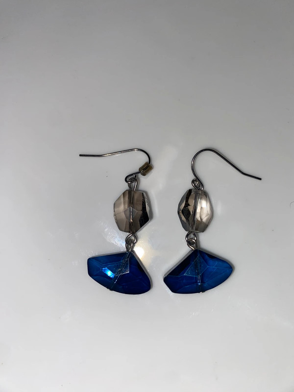 Pair hanging dangly silvertone metal pierced earrings blue clear faceted glass 2