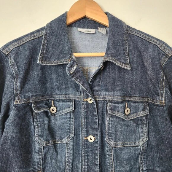 Chico's Platinum Denim Jacket Dark Wash Blue Button Front Stretch Medium 1 3