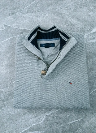 Half zip 1/4 zip col camionneur Tommy Hilfiger - Gris nid d'abeille logo brodé - Taille XL, marke: Tommy Hilfiger, zustand: Sehr gut, größe: XL, 34,00 €, 36,40 € beinhaltet Vinted-Käuferschutz Pro
