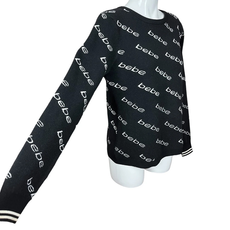 Bebe Black and White All Over Logo Print Crew Neck Fitted Sweater Size XL 4